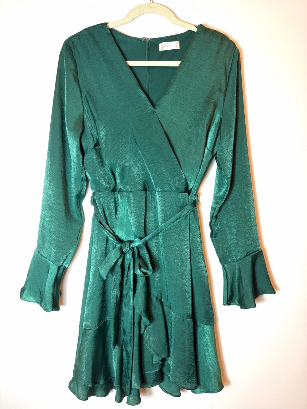 Altar'd State Emerald Satin Ruffled Mini Holiday Wrap Dress Large